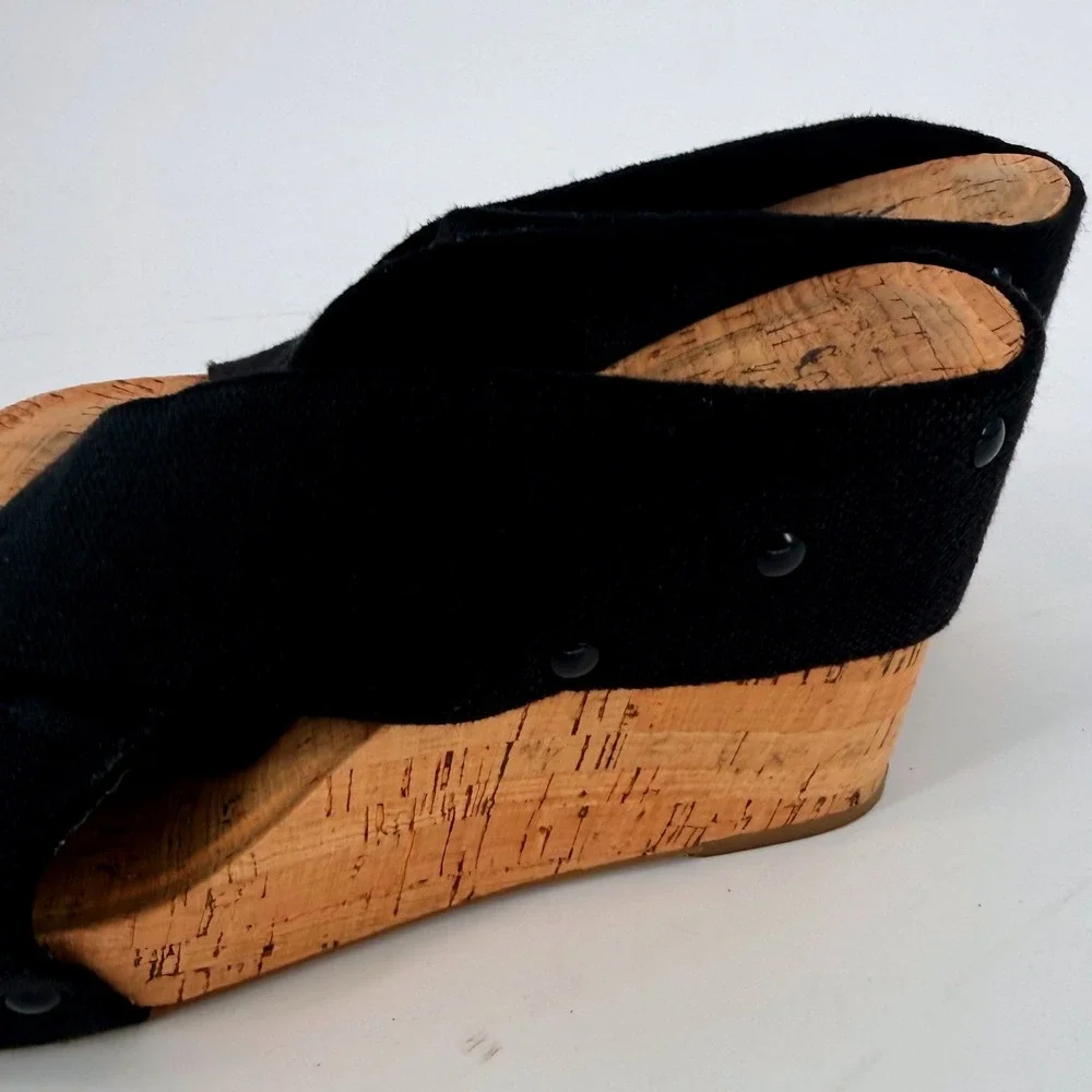 Lucky Brand Miller Black Canvas Cork Wedge‎ Sandals Platform Slides 6.5M